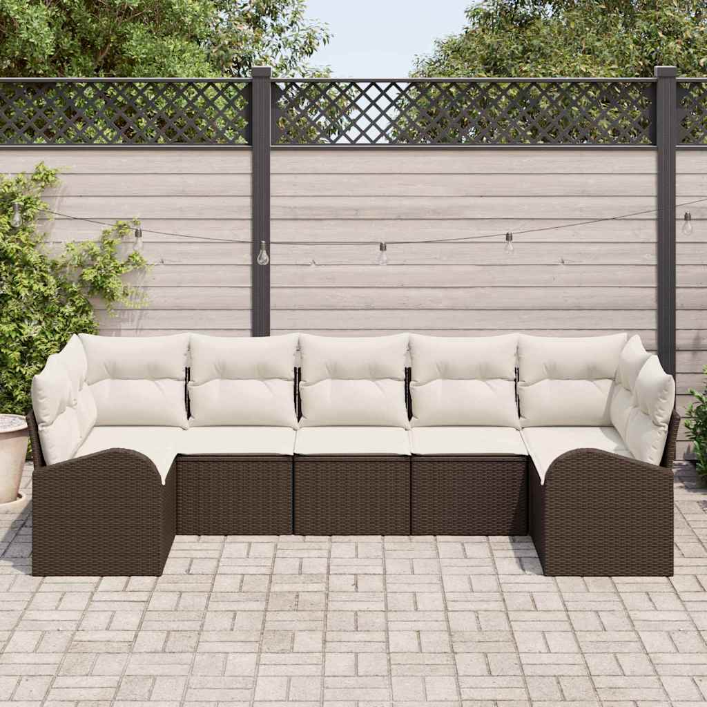 Havesofa Sæt med pude 7 pcs Brun og hvid polyrattan