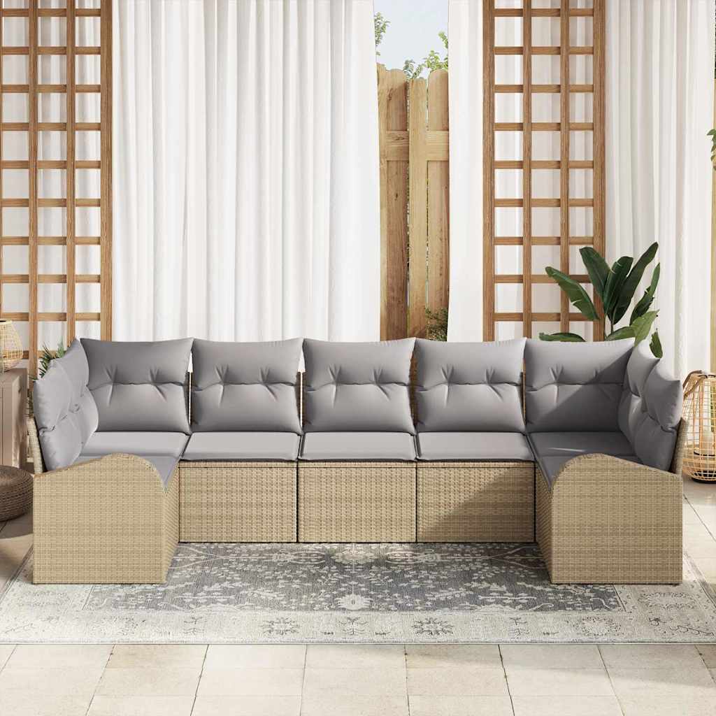 Havesofa Sæt med pude 7 pcs Beige og lys grå polyrattan