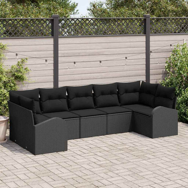 Havesofa Sæt med pude med opbevaring 7 pcs Sort polyrattan