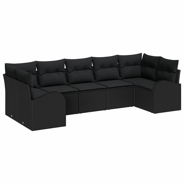 Havesofa Sæt med pude med opbevaring 7 pcs Sort polyrattan