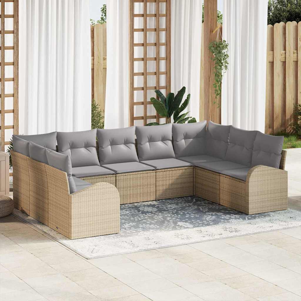 Havesofa Sæt med pude 9 pcs Beige og lys grå polyrattan