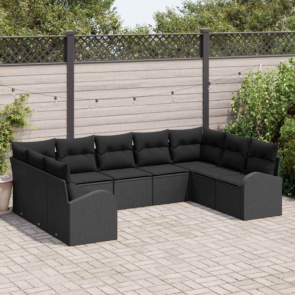 Havesofa Sæt med pude med opbevaring 9 pcs Sort polyrattan