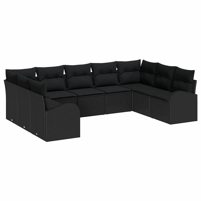 Havesofa Sæt med pude med opbevaring 9 pcs Sort polyrattan