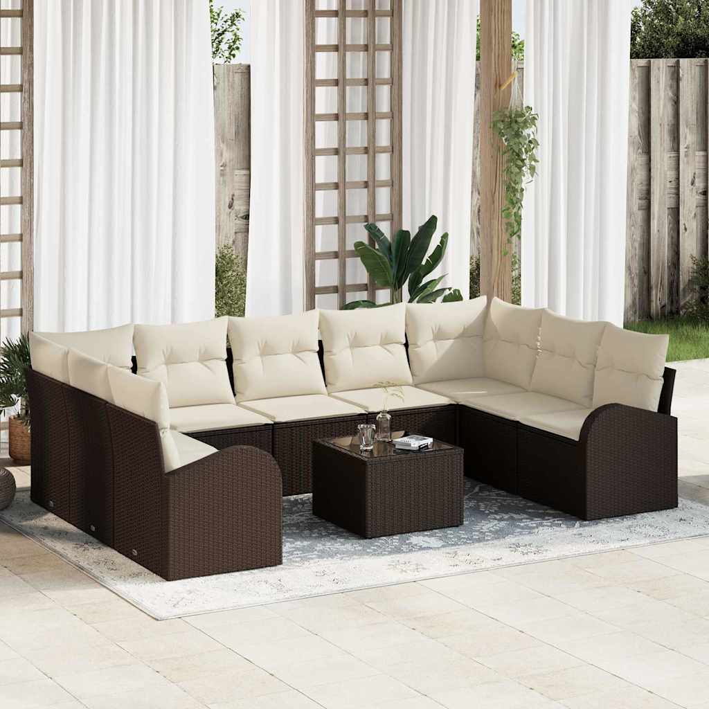 Havesofa Sæt med pude 10 pcs Brun og hvid polyrattan