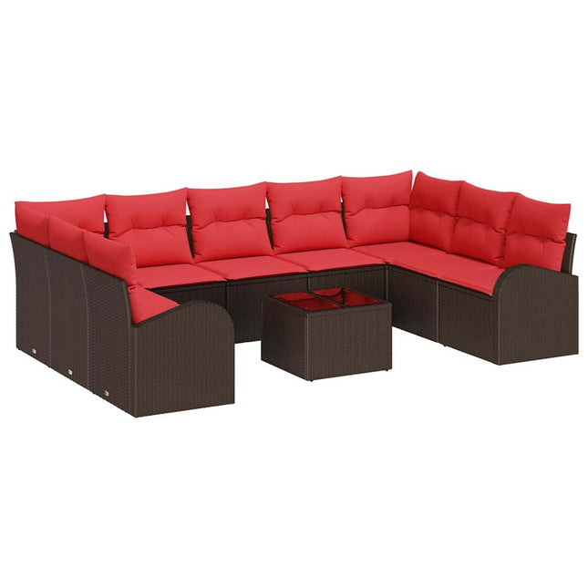Havesofa Sæt med pude 10 pcs Brun og Rød polyrattan