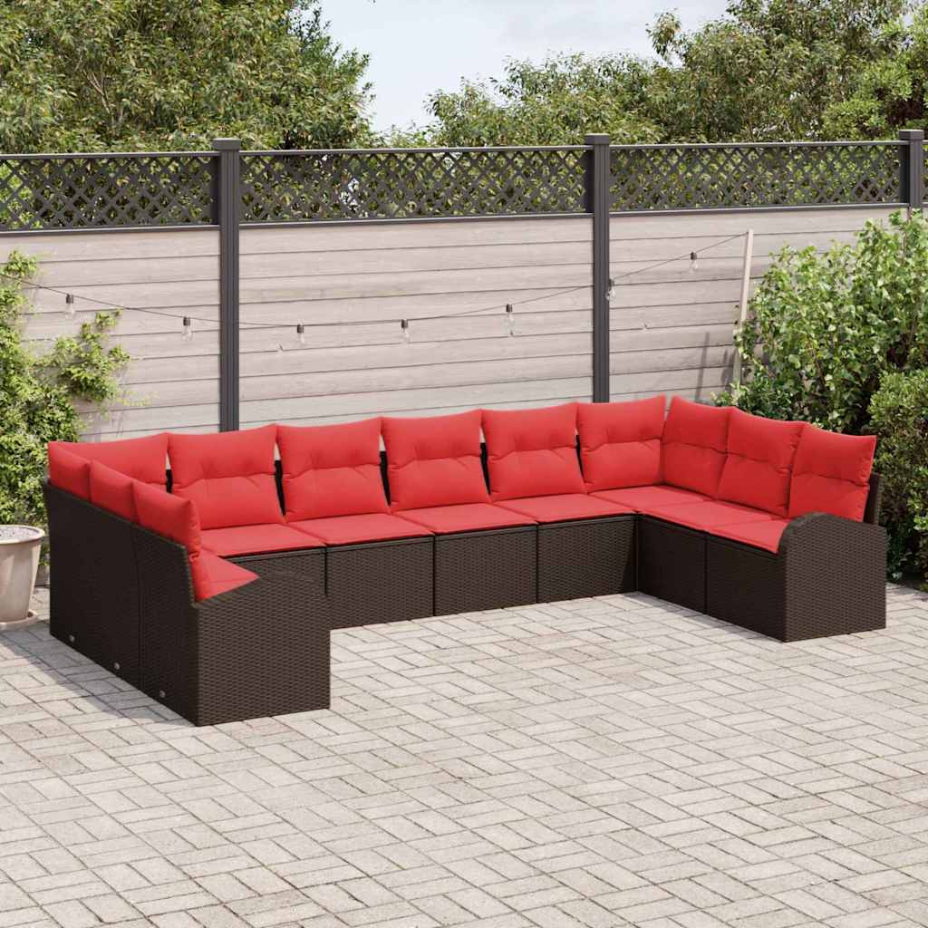 Havesofa Sæt med pude 10 pcs Brun og Rød polyrattan