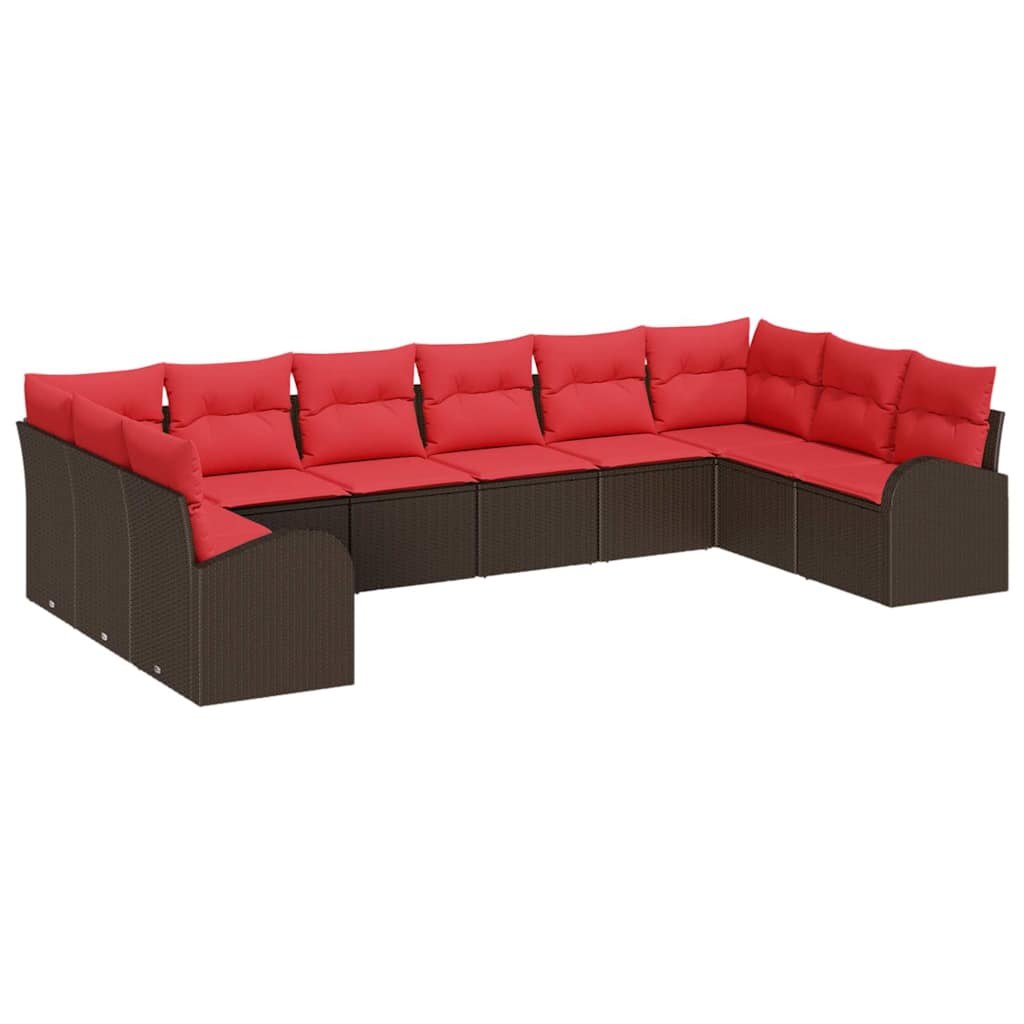 Havesofa Sæt med pude 10 pcs Brun og Rød polyrattan