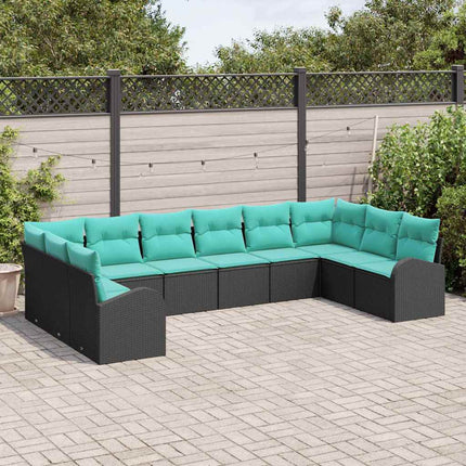 Havesofa Sæt med pude 10 pcs Sort og turkis polyrattan