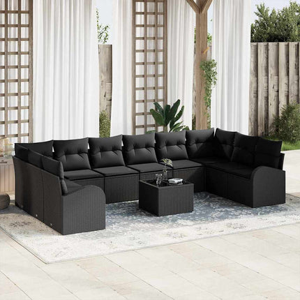 Havesofa Sæt med pude med opbevaring 11 pcs Sort polyrattan