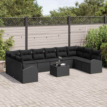 Havesofa Sæt med pude med opbevaring 11 pcs Sort polyrattan