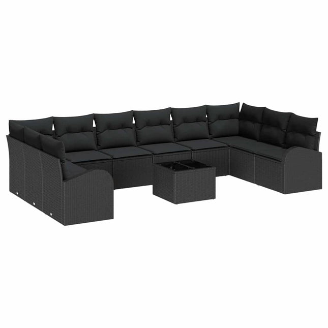 Havesofa Sæt med pude med opbevaring 11 pcs Sort polyrattan