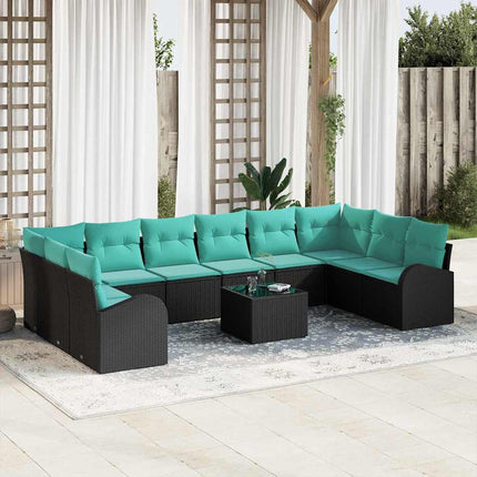 Havesofa Sæt 11 stk. Sort og turkis polyrattan