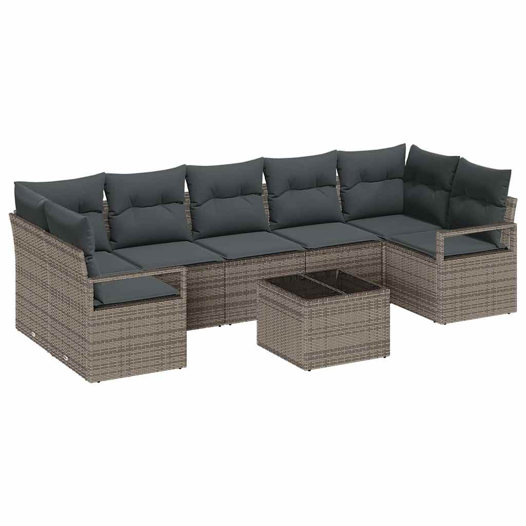 Havesofa Sæt med pude 8 pcs Grå Polyrattan og stål og glas