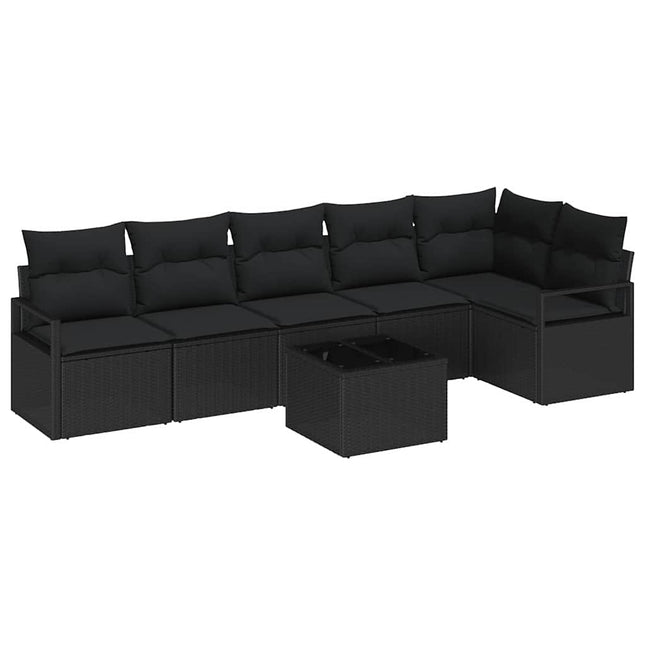 Havesofa Sæt med pude med opbevaring 7 pcs Sort polyrattan
