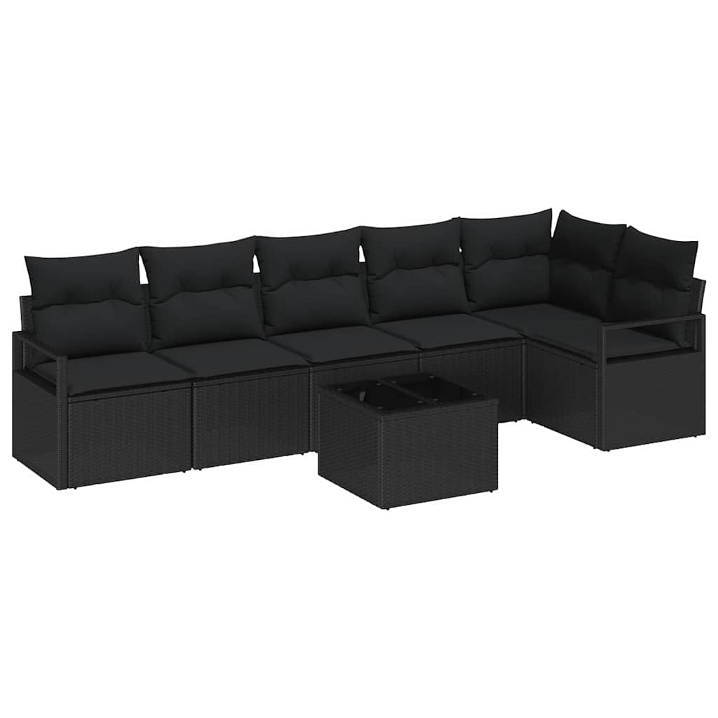 Havesofa Sæt med pude med opbevaring 7 pcs Sort polyrattan