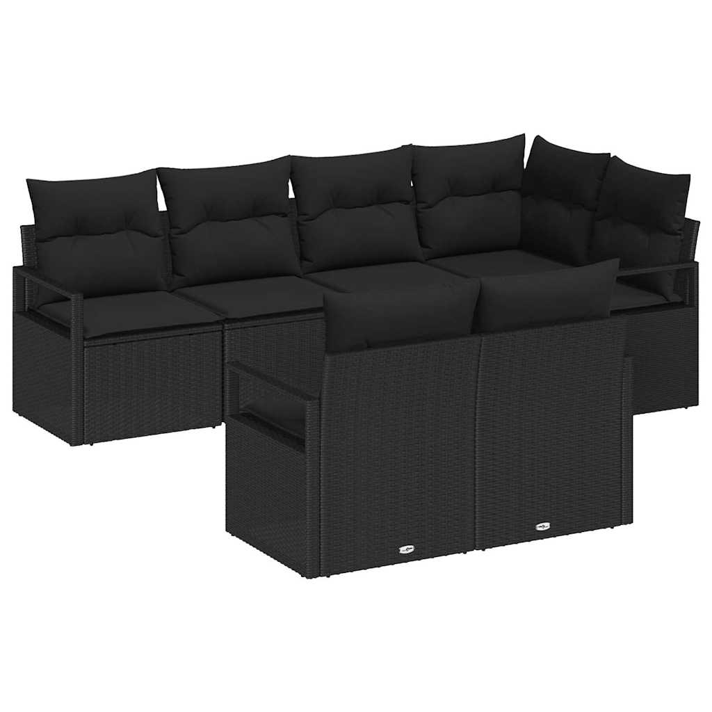 Havesofa Sæt 7 pcs Sort Poly Rattan og pulverlakeret stål