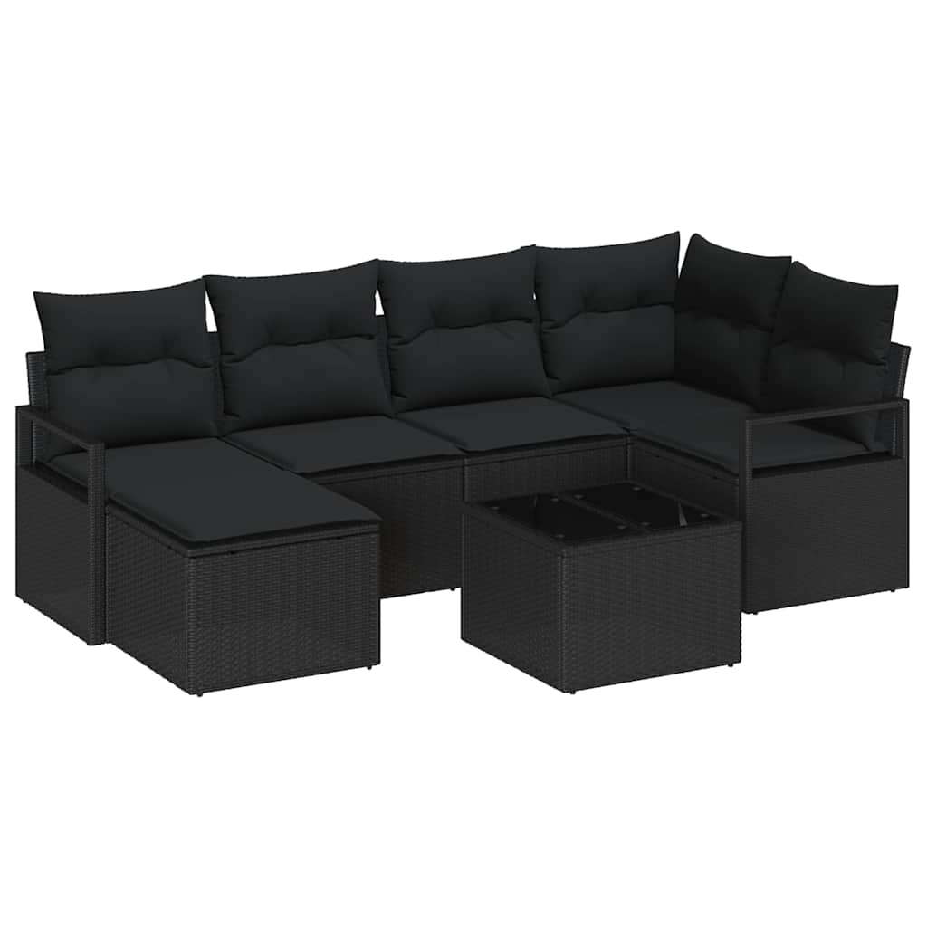 Havesofa Sæt 7 pcs Sort Poly Rattan og pulverlakeret stål