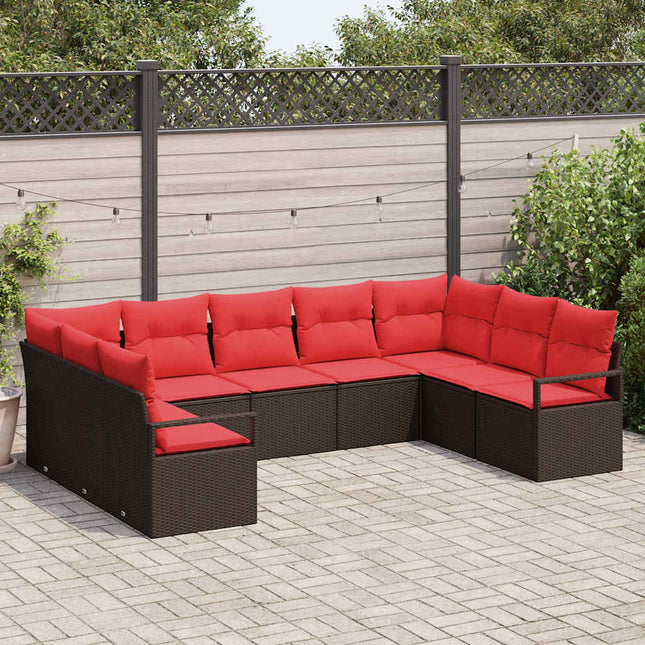 Havesofa Sæt med pude 9 pcs Brun og Rød polyrattan