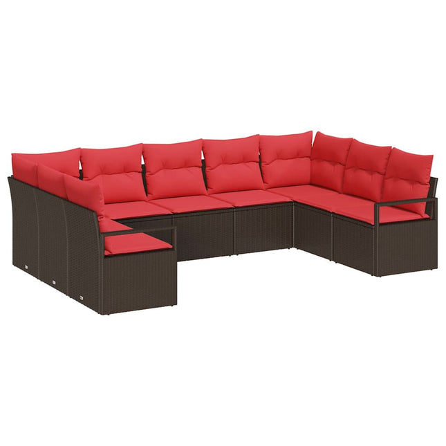 Havesofa Sæt med pude 9 pcs Brun og Rød polyrattan