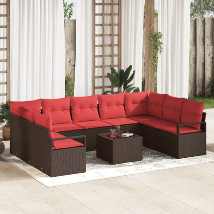 Havesofa Sæt med pude 10 pcs Brun og Rød polyrattan