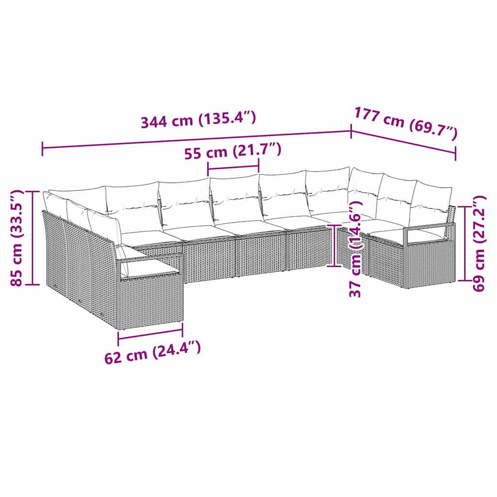 Havesofa Sæt med pude 10 pcs Beige og hvid polyrattan