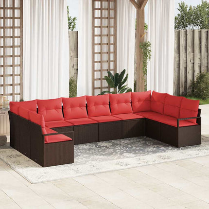 Havesofa Sæt med pude 10 pcs Brun og Rød polyrattan