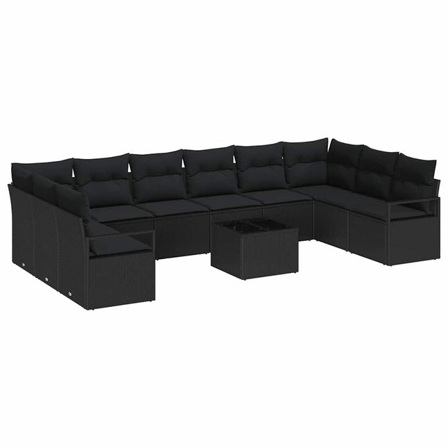 Havesofa Sæt med pude med opbevaring 11 pcs Sort polyrattan