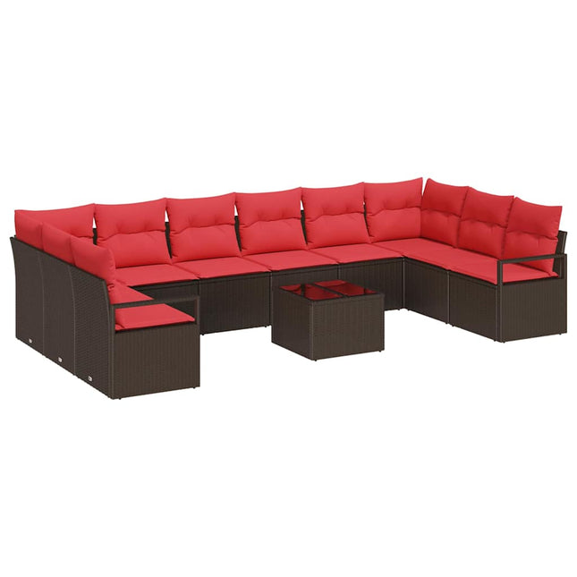 Havesofa Sæt med pude 11 pcs Brun og Rød polyrattan