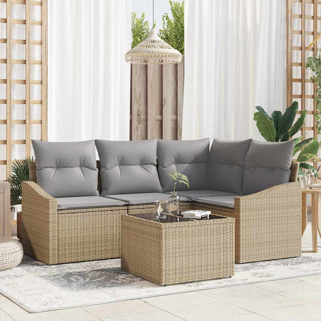 Havesofa Sæt med pude 5 pcs Beige og lys grå polyrattan