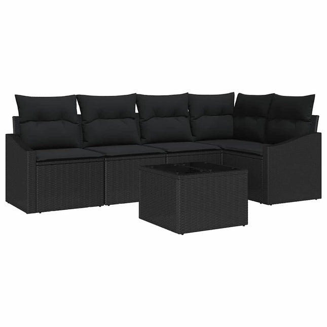 Havesofa Sæt med pude med opbevaring 6 pcs Sort polyrattan