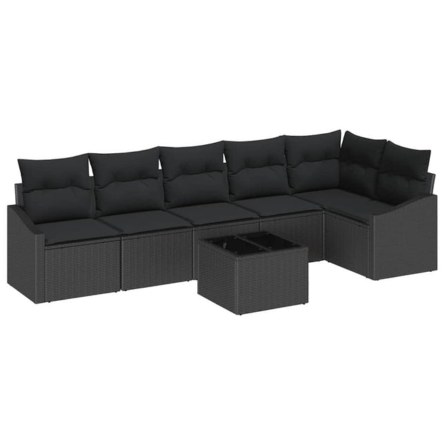 Havesofa Sæt med pude med opbevaring 7 pcs Sort polyrattan