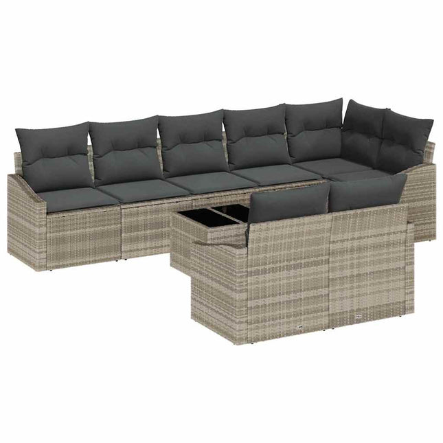 Havesofa Sæt med pude med opbevaring 9 pcs Lysegrå polyrattan