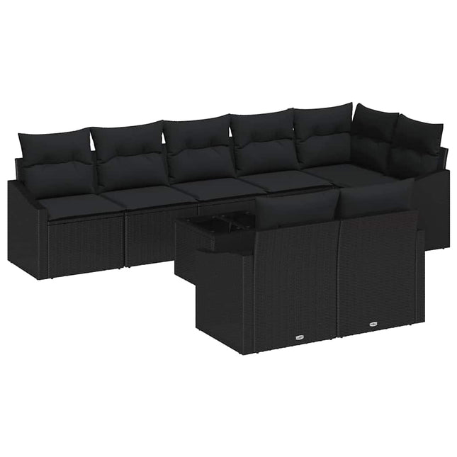 Havesofa Sæt med pude med opbevaring 9 pcs Sort polyrattan