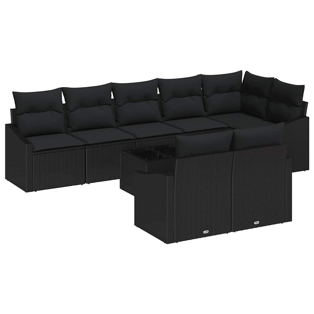 Havesofa Sæt med pude med opbevaring 9 pcs Sort polyrattan