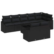 Havesofa Sæt med pude med opbevaring 9 pcs Sort polyrattan