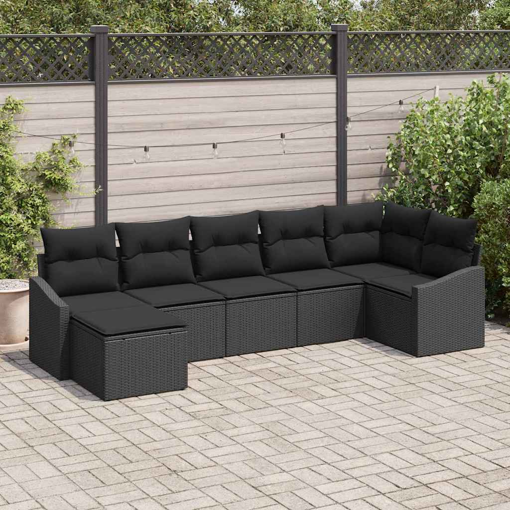 Havesofa Sæt med pude med opbevaring 7 pcs Sort polyrattan