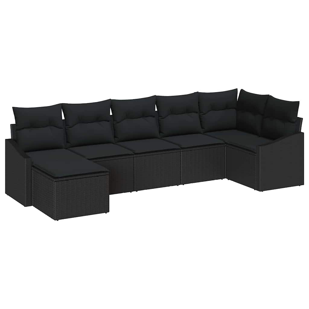 Havesofa Sæt med pude med opbevaring 7 pcs Sort polyrattan