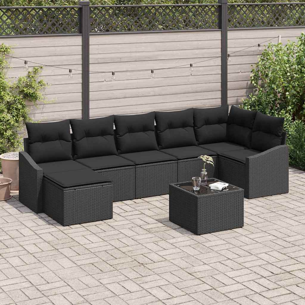 Havesofa Sæt med pude med opbevaring 8 pcs Sort polyrattan