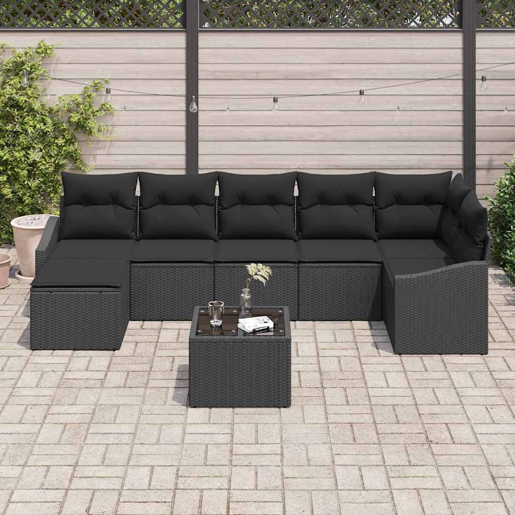 Havesofa Sæt med pude med opbevaring 8 pcs Sort polyrattan