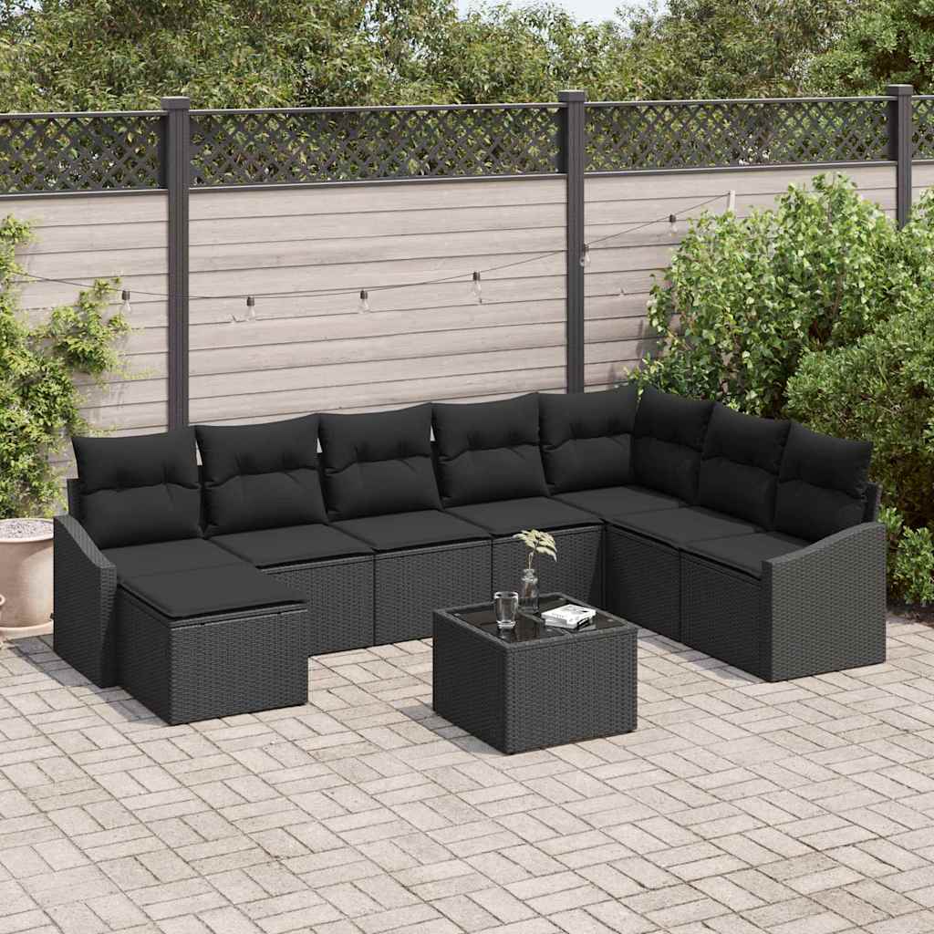 Havesofa Sæt med pude med opbevaring 8 pcs Sort polyrattan