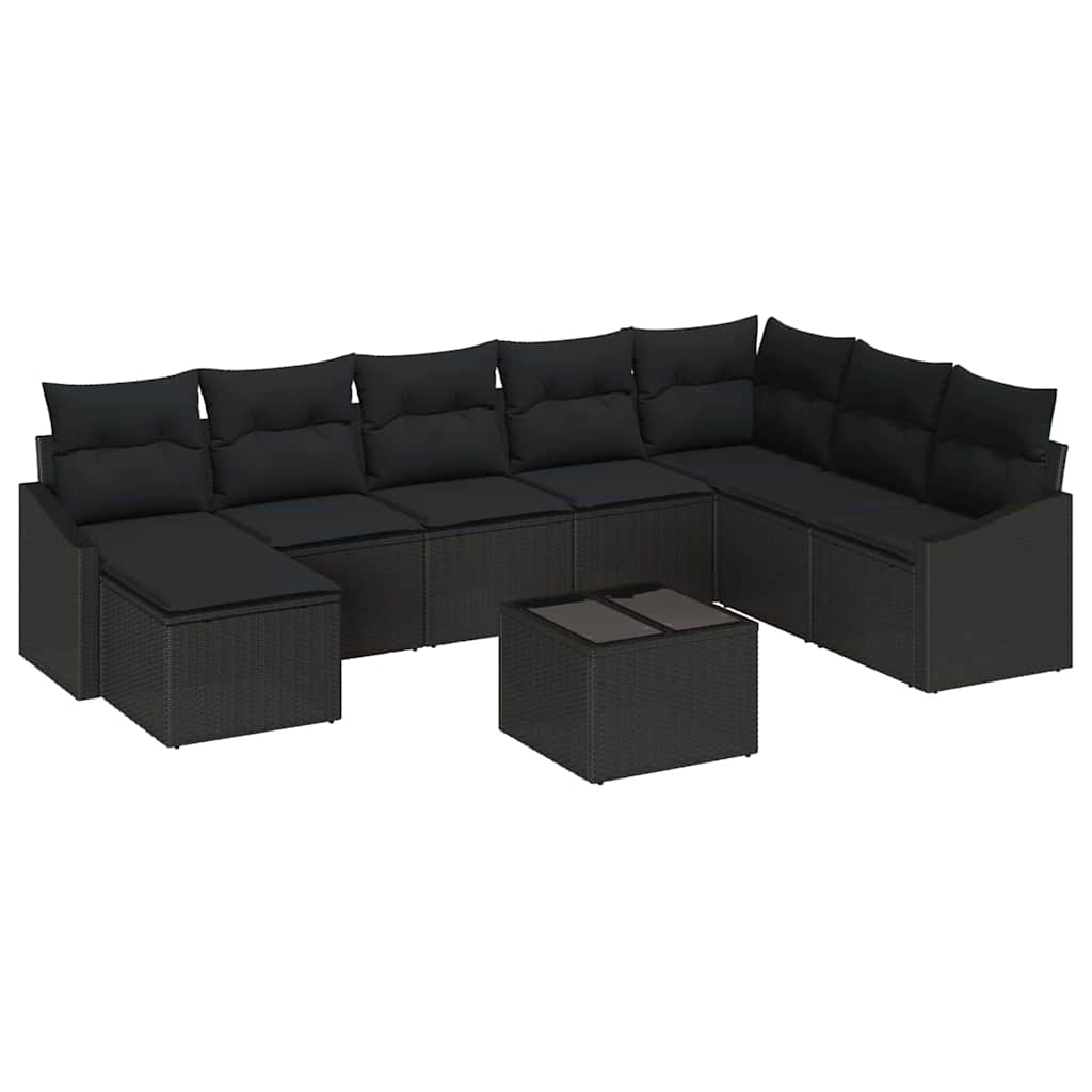 Havesofa Sæt med pude med opbevaring 8 pcs Sort polyrattan