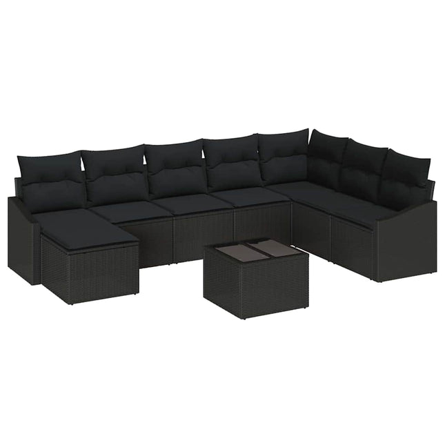 Havesofa Sæt med pude med opbevaring 8 pcs Sort polyrattan