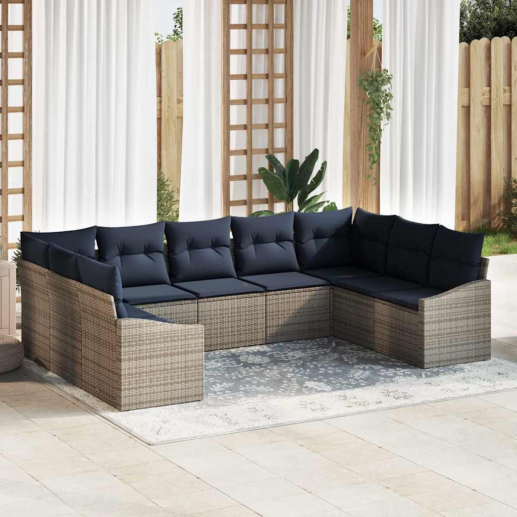 Havesofa Sæt med opbevaring 9 pcs Grå og Marineblå polyrattan