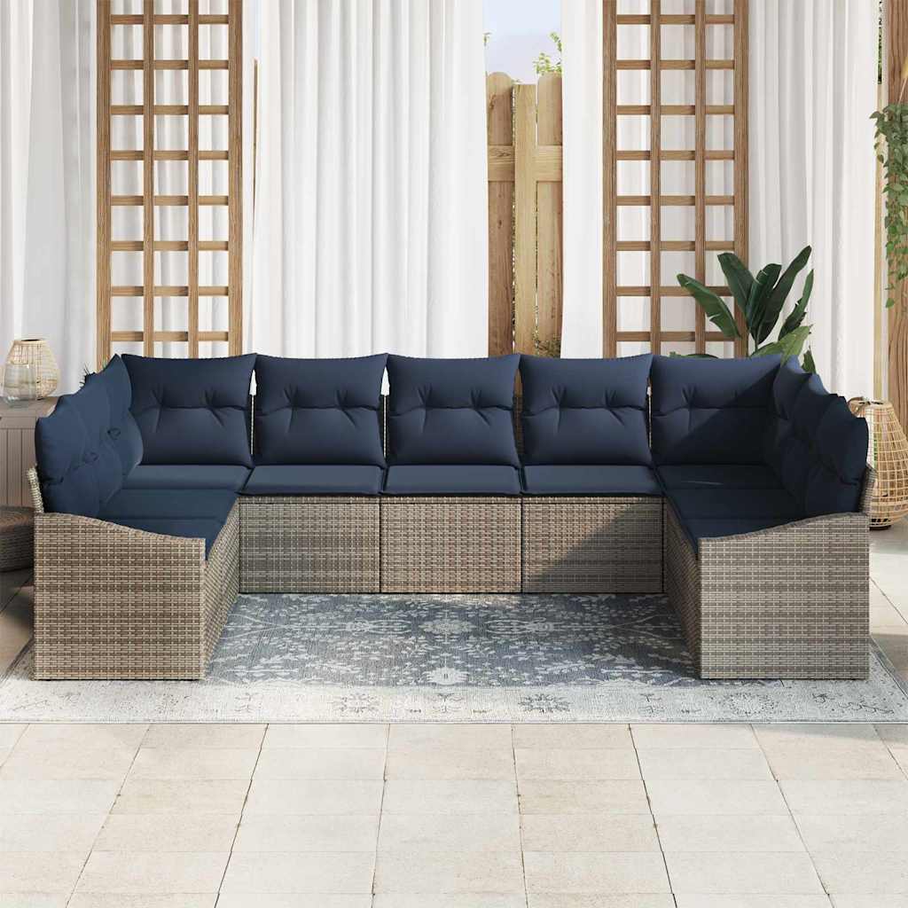 Havesofa Sæt med opbevaring 9 pcs Grå og Marineblå polyrattan