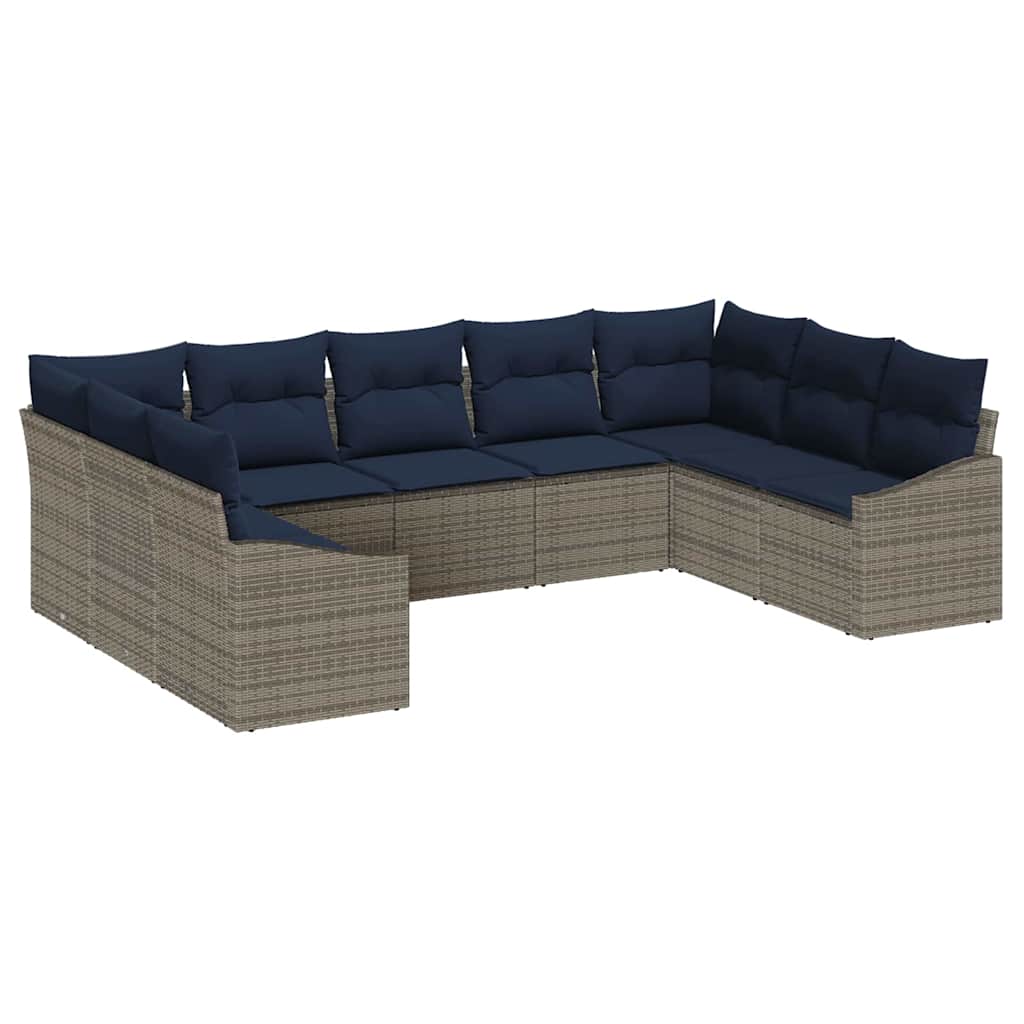 Havesofa Sæt med opbevaring 9 pcs Grå og Marineblå polyrattan