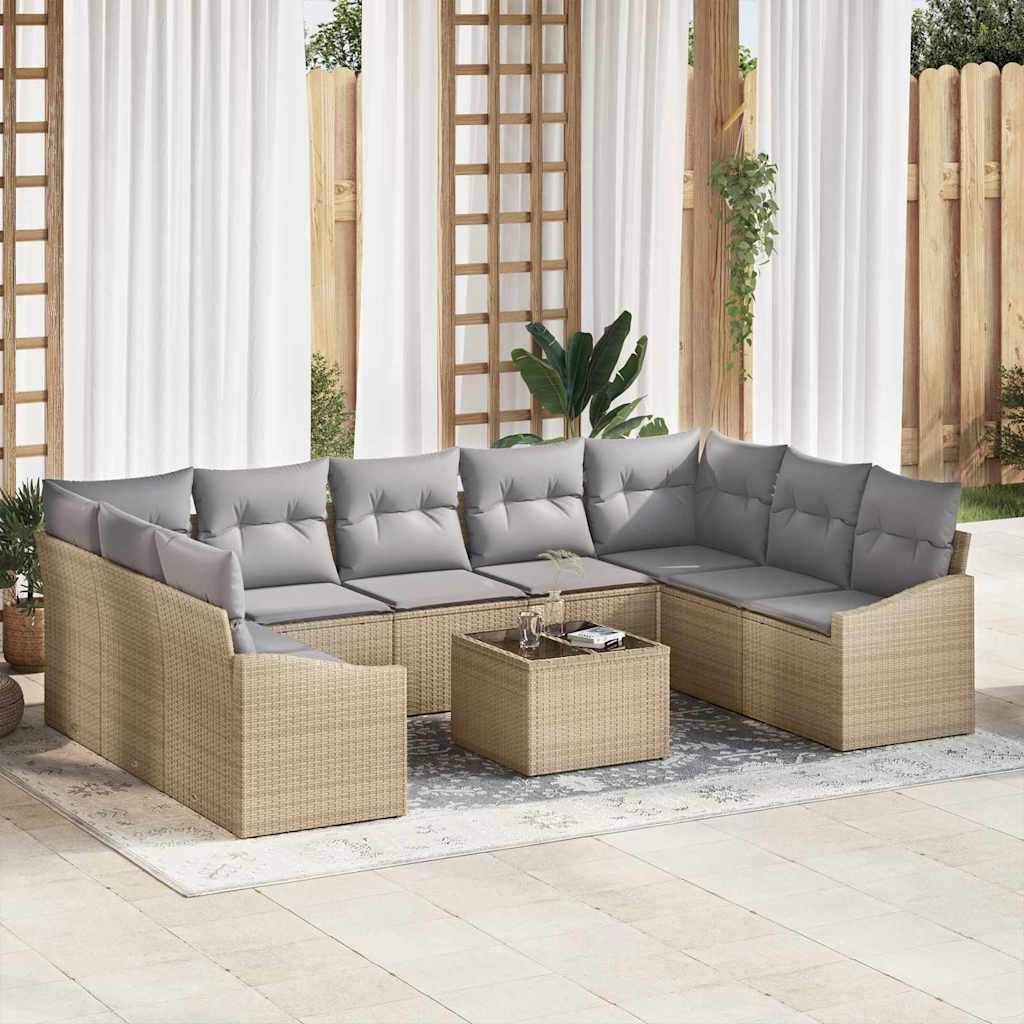 Havesofa Sæt med pude 9 pcs Beige og lys grå polyrattan
