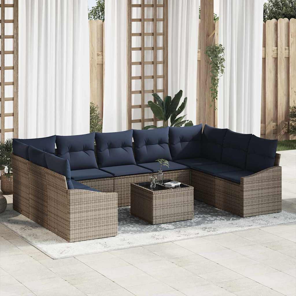 Havesofa Sæt med opbevaring 10 pcs Grå og Marineblå polyrattan