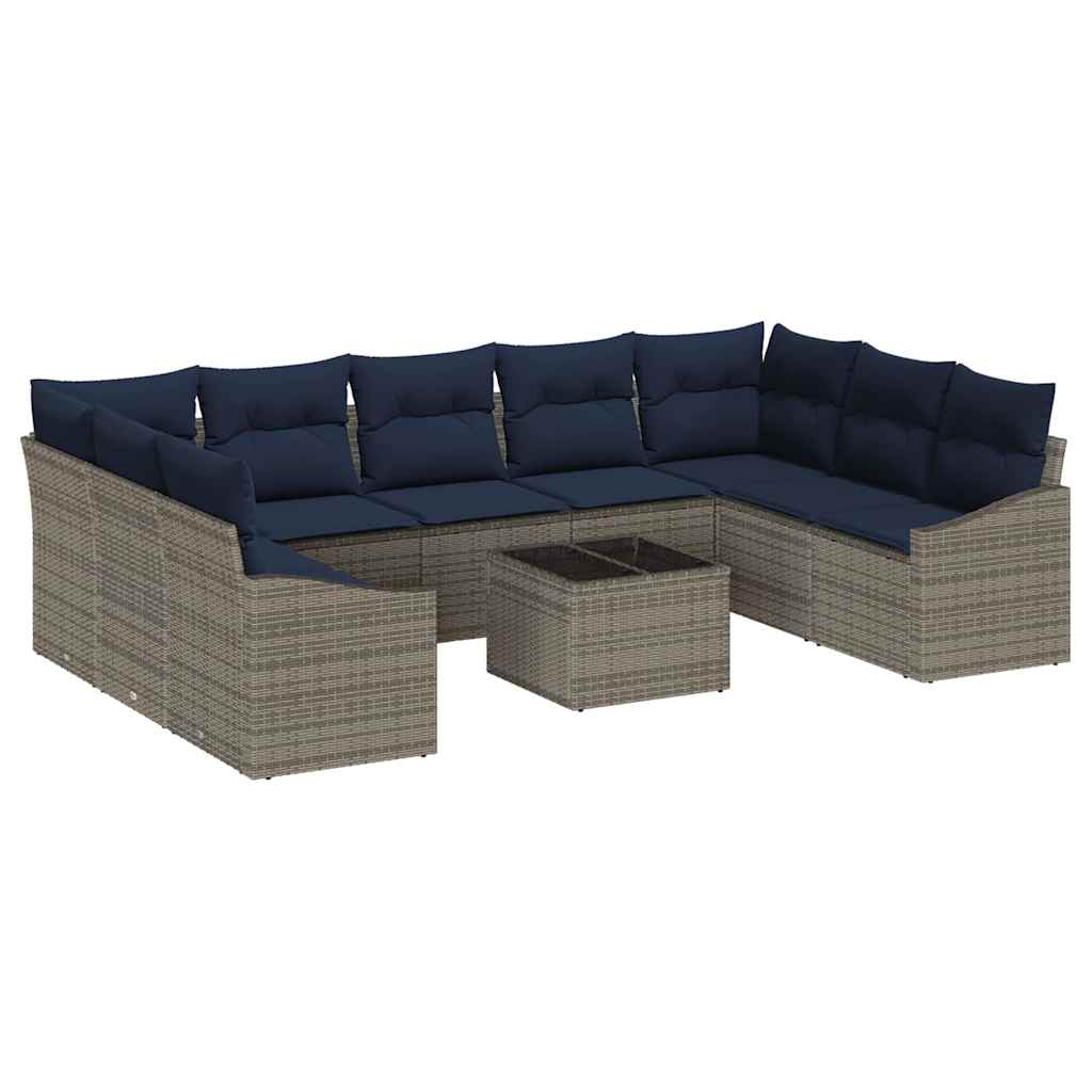 Havesofa Sæt med opbevaring 10 pcs Grå og Marineblå polyrattan