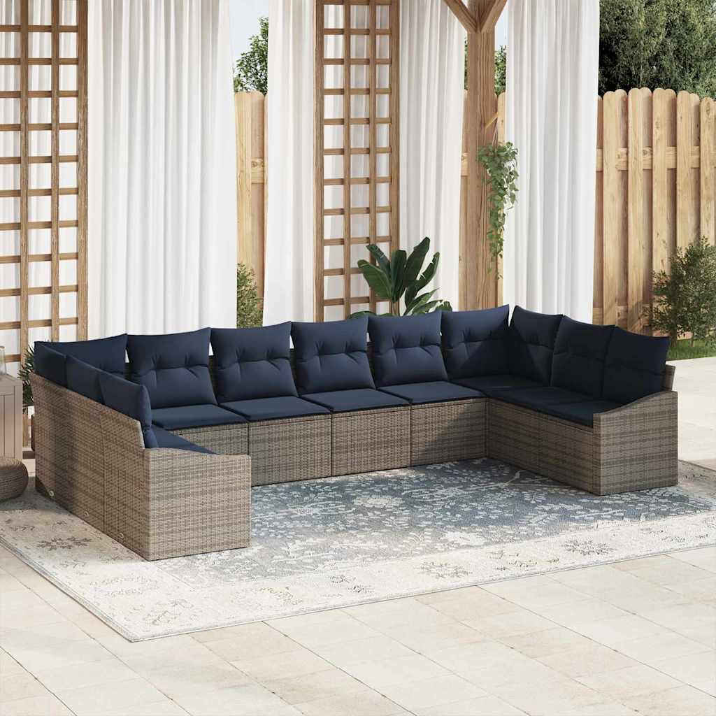 Havesofa Sæt med opbevaring 10 pcs Grå og Marineblå polyrattan