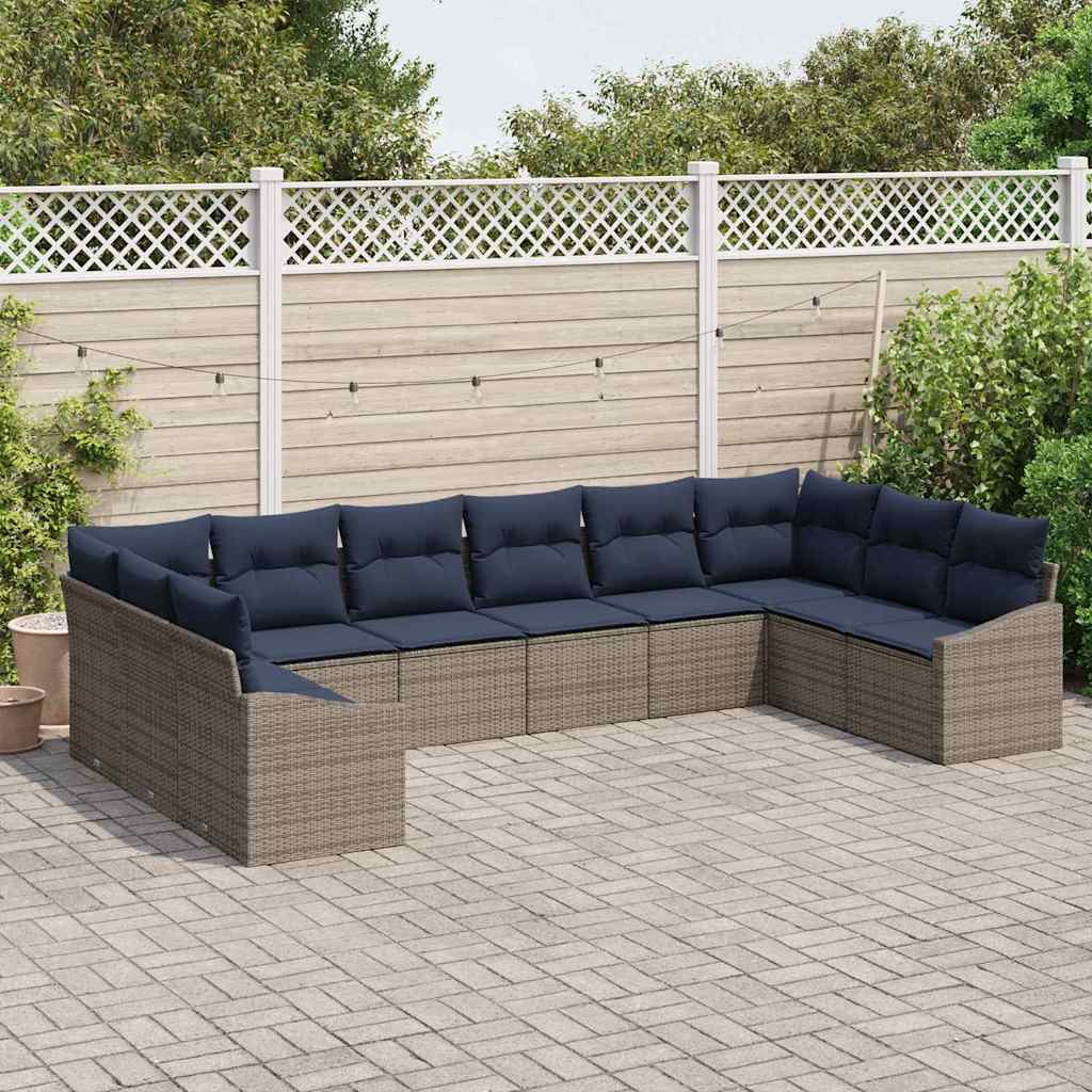 Havesofa Sæt med opbevaring 10 pcs Grå og Marineblå polyrattan